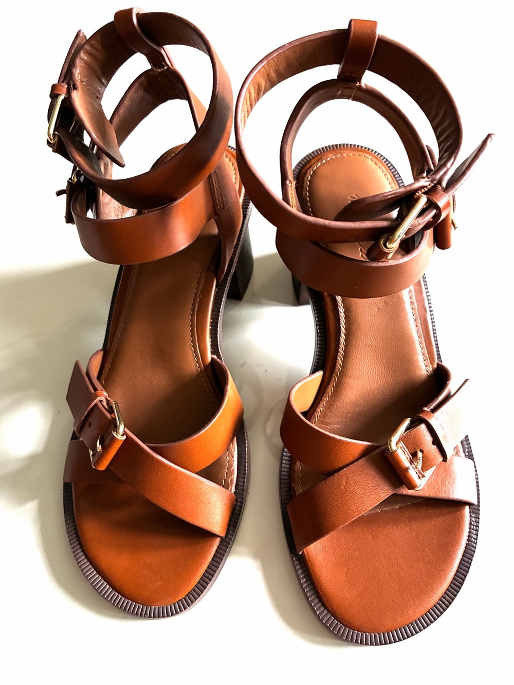 Madewell Women's The Corinna Buckle-Strap block Heeled Sandal in tan.7.5.New.